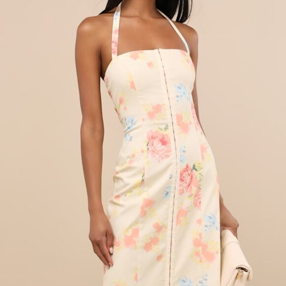 Lulus Arrosa Light Yellow Floral Halter Midi Dress - Size M - Picture 1 of 1